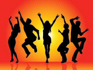 five dark figures dancing around
