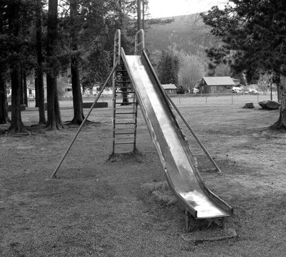 Long metal slide in wooded area