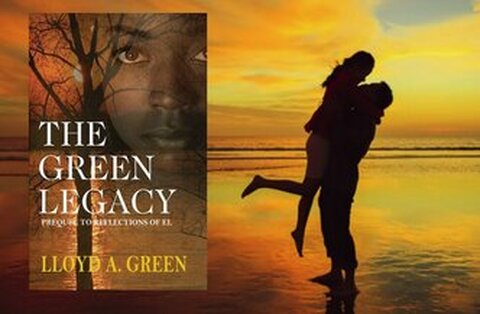 Man holding woman off ground on beach next to The Green Legacy book